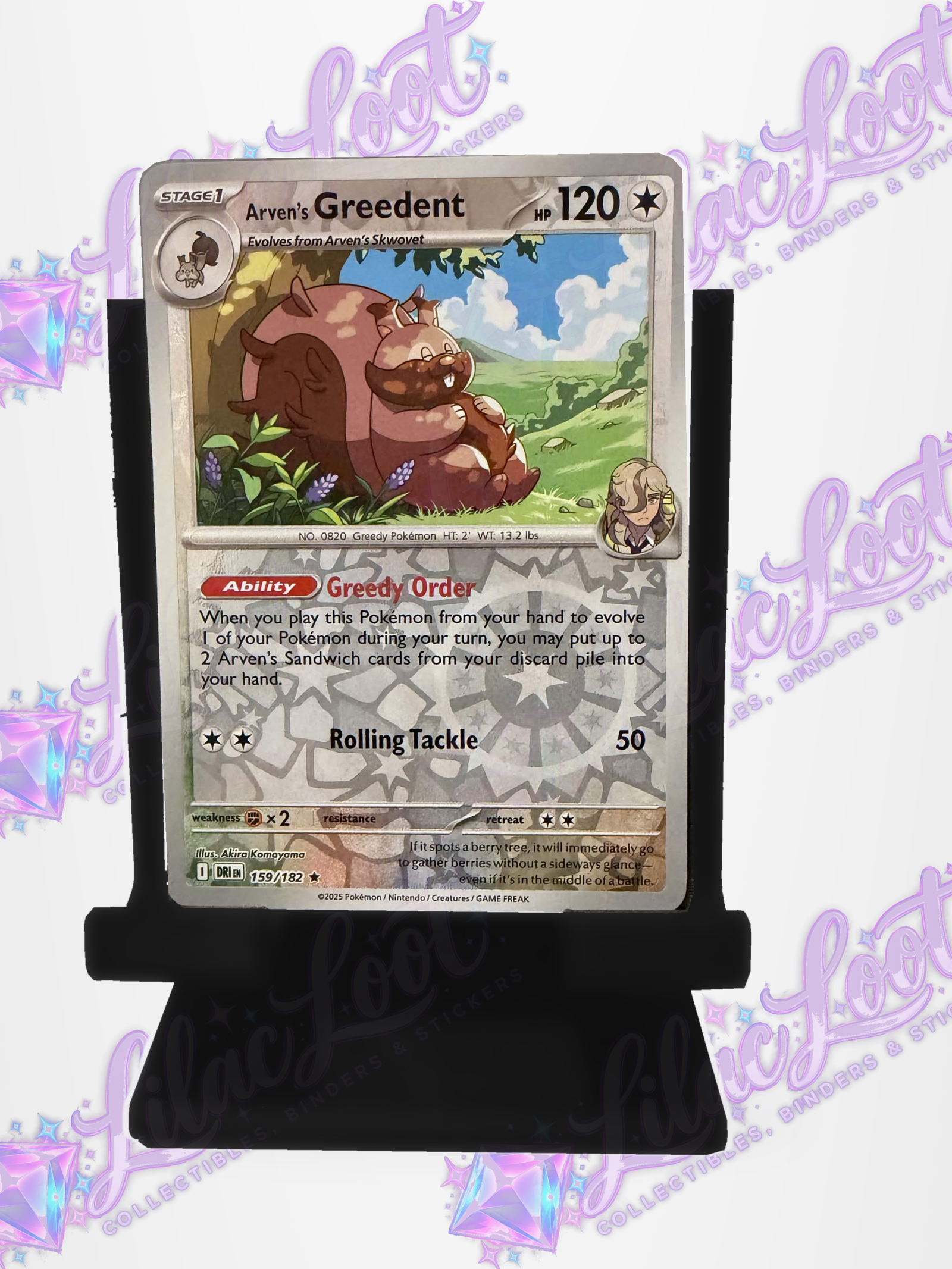 Front of the actual Arven’s Greedent 159/182 – Destined Rivals – Reverse Holo – English card with light diagonal Lilac Loot logo watermarks