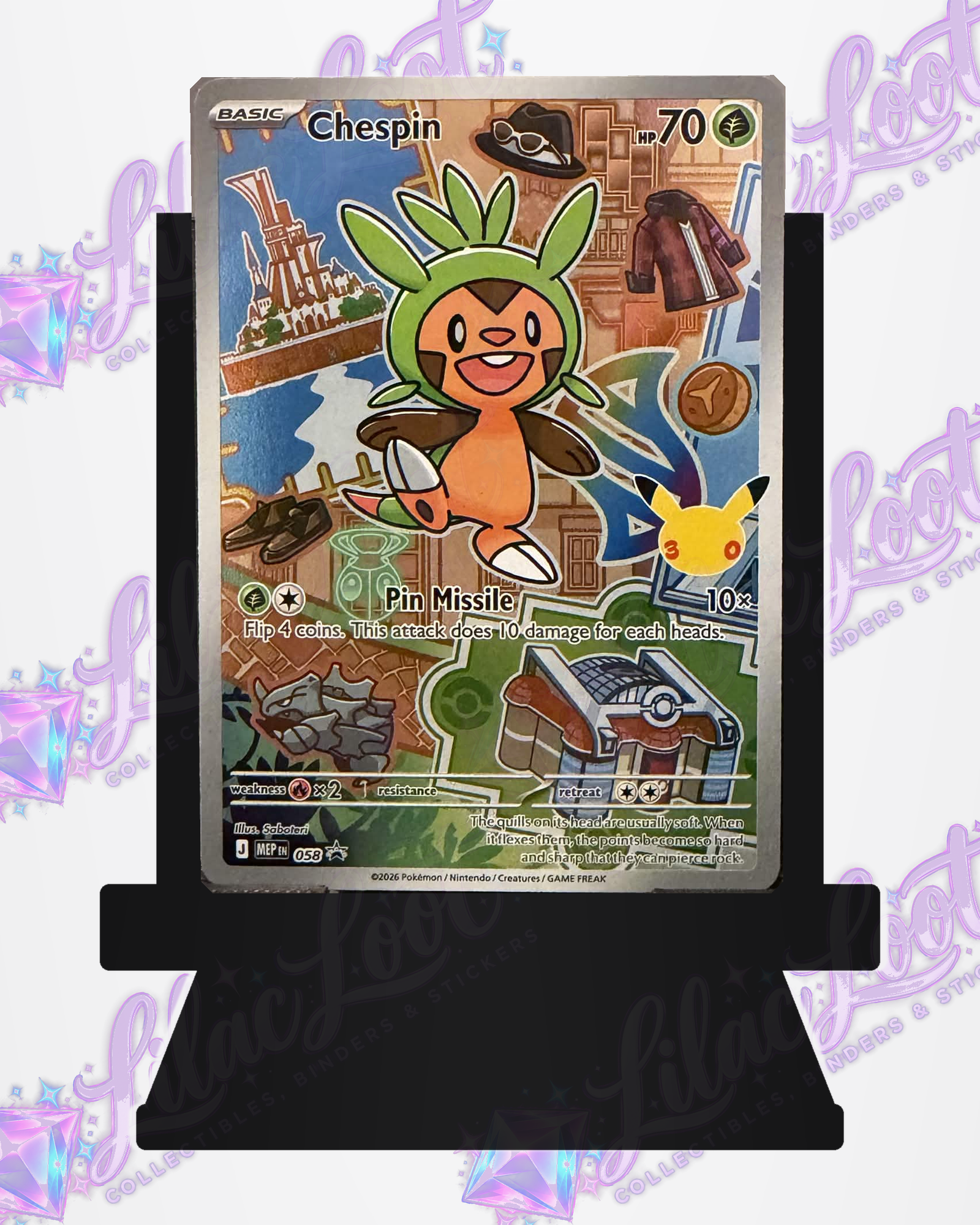Front of the actual Chespin MEP058 – Mega Evolution Promo – English card with light diagonal Lilac Loot logo watermarks