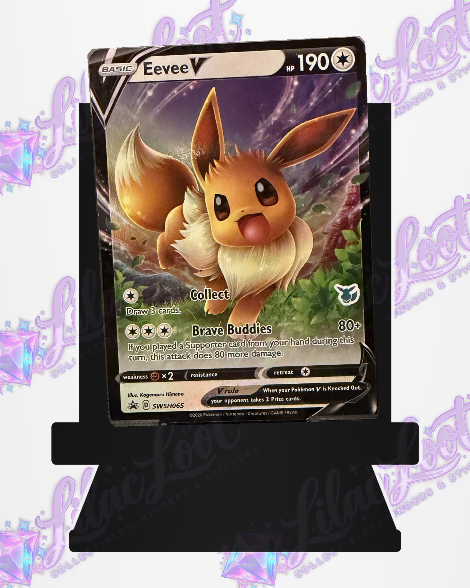 Front of the actual Eevee V SWSH065 – Sword & Shield Black Star Promo – English card with light diagonal Lilac Loot logo watermarks