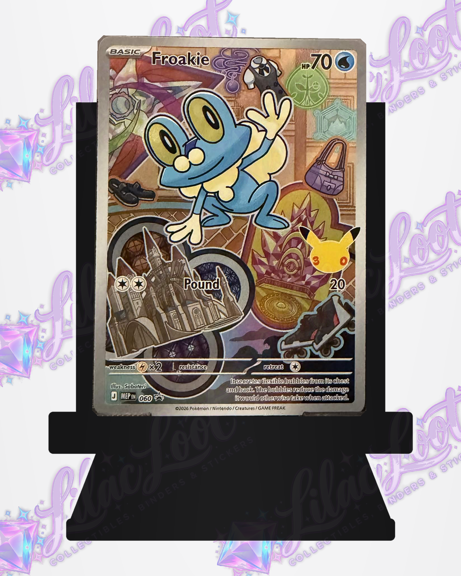 Front of the actual Froakie MEP060 – Mega Evolution Promo – English card with light diagonal Lilac Loot logo watermarks