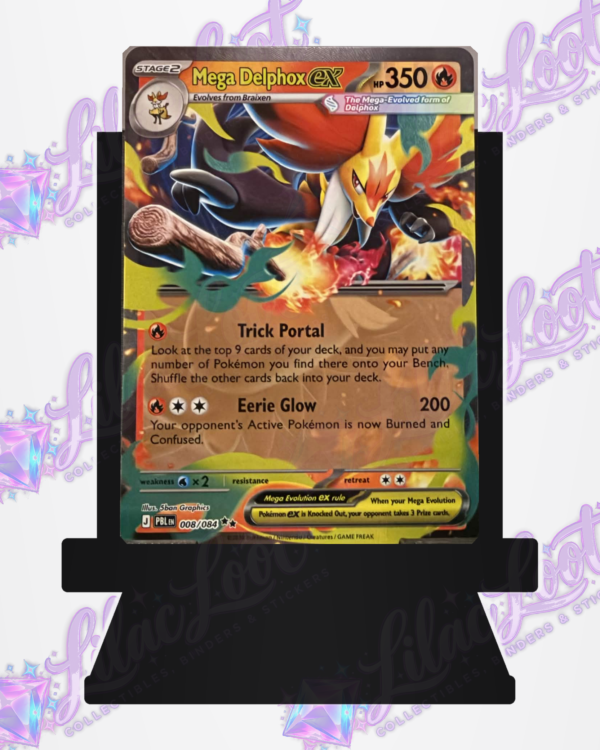 Front of the actual Mega Delphox ex 008/084 – Pitch Black (PBL) – English card with light diagonal Lilac Loot logo watermarks